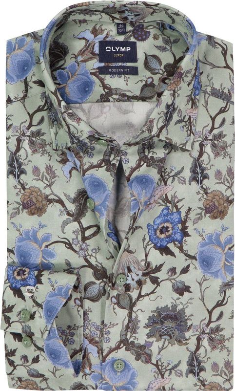 OLYMP - Luxor - Licht Grijsgroen Overhemd - Dobby - Modern Fit - Blauw Bloemen Dessin