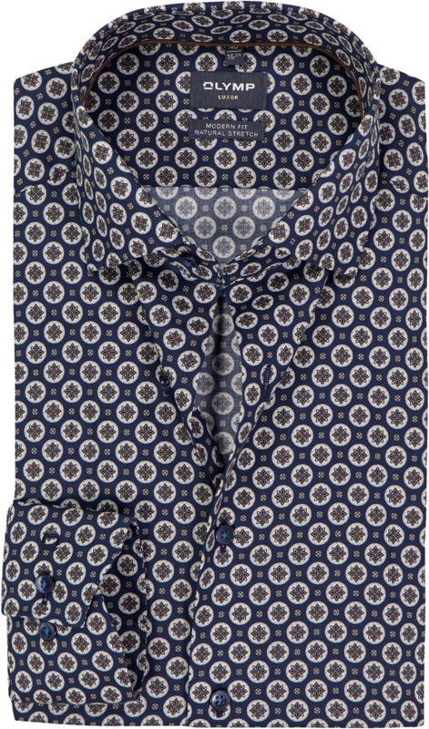 OLYMP - Luxor - Dobby Overhemd - Donkerblauw - Multicolor Fantasie
