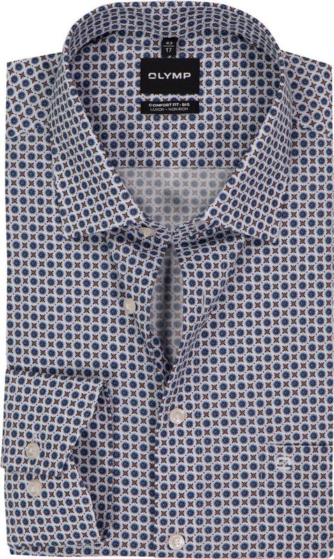 OLYMP - Luxor Comfort Fit - Overhemd - Marine Blauw Dessin - Strijkvrij - Boordmaat 48