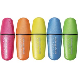 Eberhard Faber 551408 Mini-markeerstift met afgeschuinde punt, 5 markeerstiften in neonkleuren met glittereffect, markeerstiften voor school, universiteit, kantoor en vrije tijd, om te markeren, te markeren en te kleuren