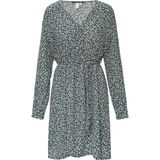 QS - Jurk - Opaal/Wit - V-hals - Bloemenprint, Ruches, Gedrapeerd, Lange Mouw