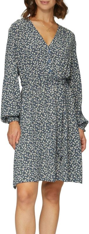 QS - Jurk - Opaal/Wit - V-hals - Bloemenprint, Ruches, Gedrapeerd, Lange Mouw