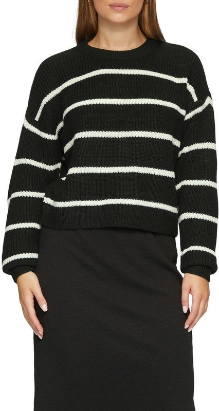 QS - Trui - Zwart/Wit - Knitwear - Ronde Hals, Gestreept, Lange Mouw