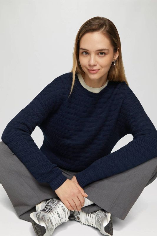 QS - Trui - Navy - Knitwear - Ronde Hals, Lange Mouw, Effen Motief