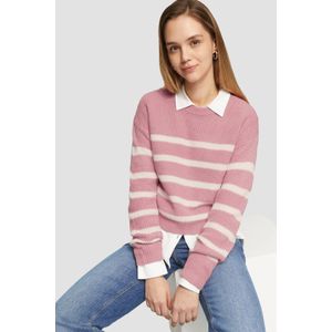 QS - Trui - Oudroze/Wit - Knitwear - Geribbelde Kraag, Ronde Hals, Gestreept, Lange Mouw