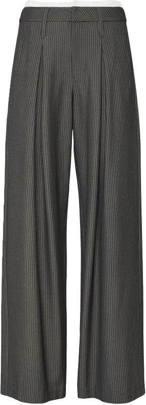 QS - Bandplooibroek - Antraciet - Krijtstrepen, Wide Leg, Mid Waist