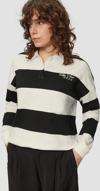 QS - Shirt - Lichtgrijs/Mintgroen/Zwart - Jersey - Lange Mouw, Knoopsluiting, Gestreept