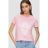 QS - T-shirt - Roze - Katoen - Met Print Op Voorzijde