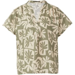 QS - Blouseshirt - Crème / Olijfgroen - Bloemenprint - Kwartmouw