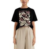 QS - Shirt - Ivoor/Oudroze/Zwart - Ronde Hals - Kwartmouw - Bloemenprint