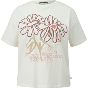 QS - Shirt - Ivoor/Oudroze/Zwart - Ronde Hals - Kwartmouw - Bloemenprint
