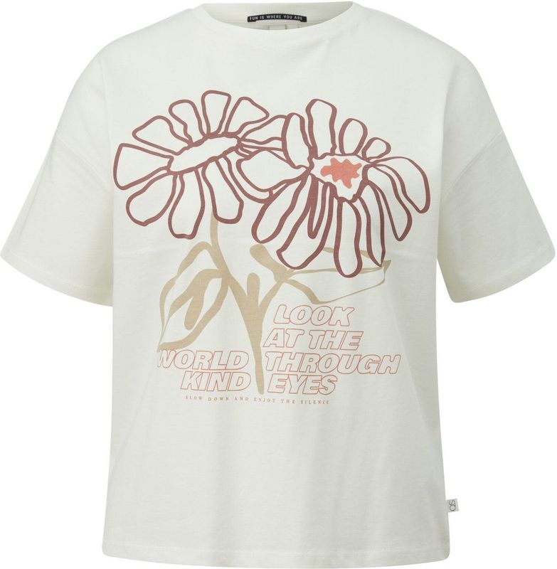 QS - Shirt - Ivoor/Oudroze/Zwart - Ronde Hals - Kwartmouw - Bloemenprint