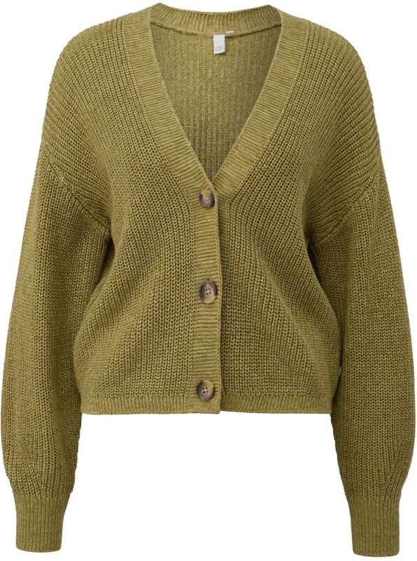 QS - Gebreid Vest - Olijfgroen - V-hals - Lange Mouw