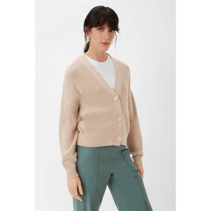 comma casual identity - Ribgebreid Vest - Beige - Katoen - V-hals, Lange Mouwen, Knoopsluiting