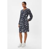 Comma Casual Identity Jurk met All Over Print en Ceintuur Donkerblauw/Wit