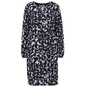Comma Casual Identity Jurk met All Over Print en Ceintuur Donkerblauw/Wit