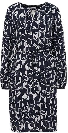 Comma Casual Identity Jurk met All Over Print en Ceintuur Donkerblauw/Wit