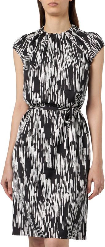 Comma A-lijn Jurk met All Over Print en Ceintuur Zwart/Grijs