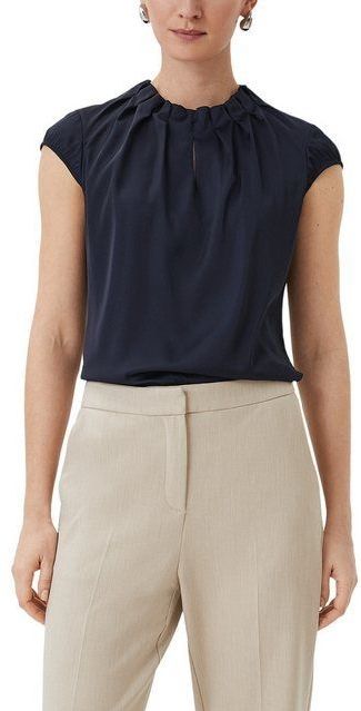 Comma - Satijnen Blouse - Blauw - Met Rimpeling Aan De Hals