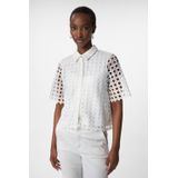 comma - Blouse - Wit - Polyester - Knoopsluiting, Half Lange Mouwen, Semi-Transparant Kant