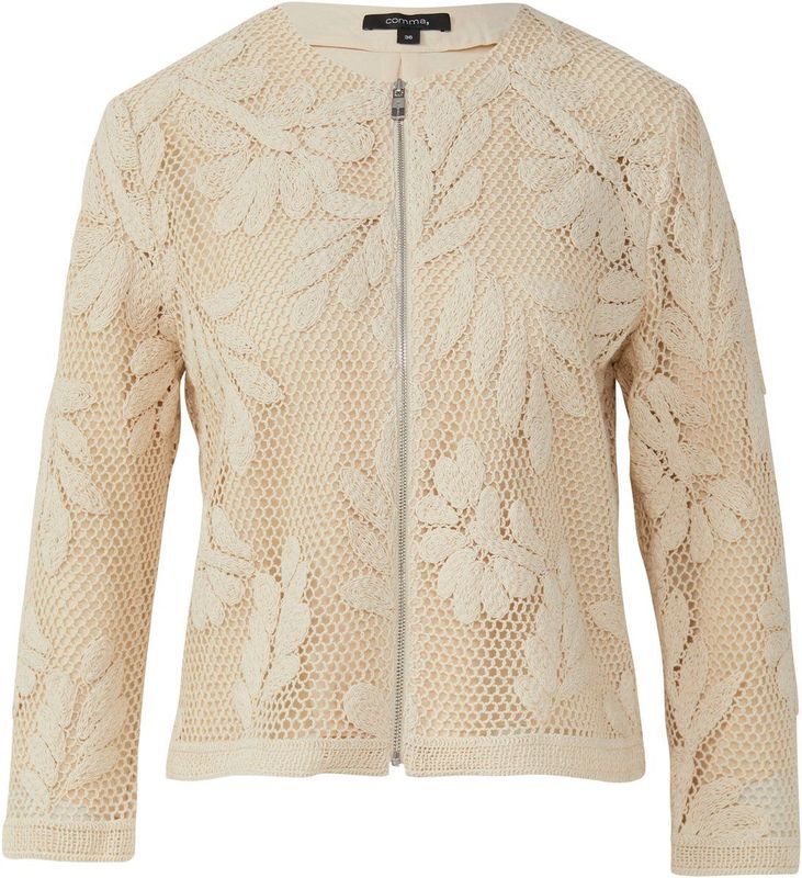 COMMA - Gebreid Vest - Beige - Gehaakt - Ronde Hals, Ritssluiting, Driekwart Mouw