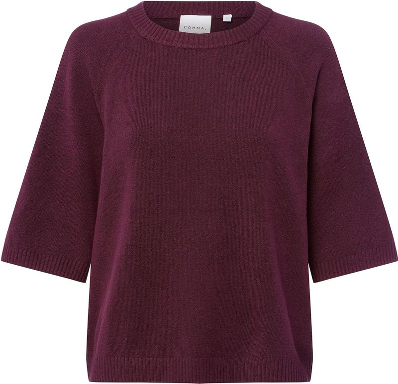 COMMA - Gebreide Trui - Bordeaux - Ronde Hals - Halve Mouw