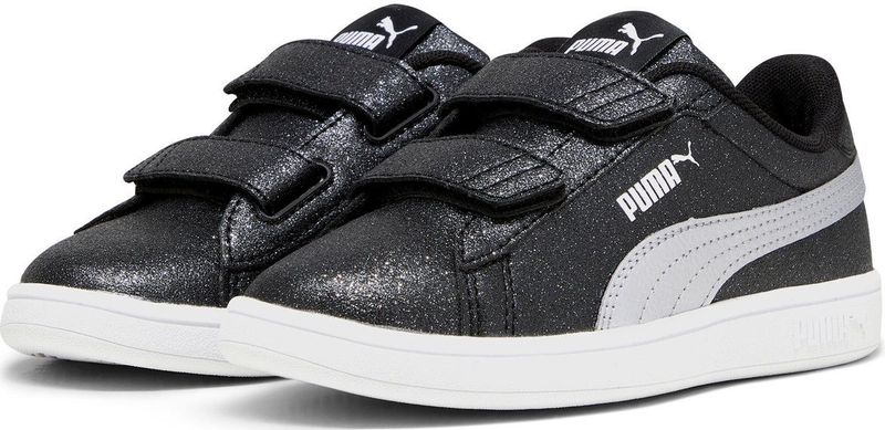 PUMA Smash 3.0 Glitz Glam sneakers voor Dames, Zwart/Wit/Zilver, Maat 27,5
