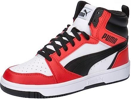 PUMA Unisex Rebound V6 Mid Jr Sneaker voor kinderen, Puma Wit Puma Zwart voor All Time Rood, 36 EU