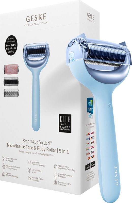 GESKE | SmartAppGuided™ MicroNeedle Face & Body Roller | 9 in 1 | Derma Roller | rozenkwarts | Elektrische Microneedling | Microneedling-apparaat | Roller | Schoonheidsroller voor gezicht en lichaam