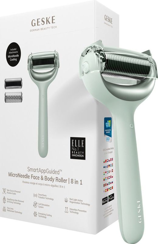 GESKE | SmartAppGuided™ MicroNeedle Face & Body Roller | 8 in 1 | Derma Roller | Elektrische Microneedling | Microneedling-apparaat | Naaldrol | Naaldroller | Schoonheidsroller voor gezicht en lichaam