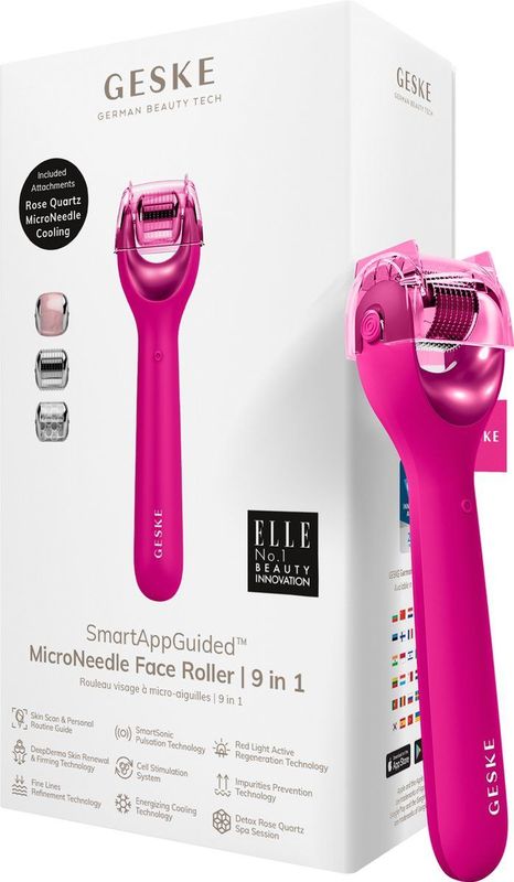 GESKE | SmartAppGuided™ MicroNeedle Face Roller | 9 in 1 | met rozenkwarts | Microneedling | Professioneel Microneedling-apparaat | Naaldroller | Schoonheidsrollergezicht | Micronaaldroller