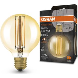OSRAM Vintage 1906 LED-lampe med guldfarvetone, 8,8w, 806lm, kugleform med 80 mm diameter & E27-stik, varm hvidt lysfarve, lige glødetråd, dæmpbar, op til 15.000 timers levetid