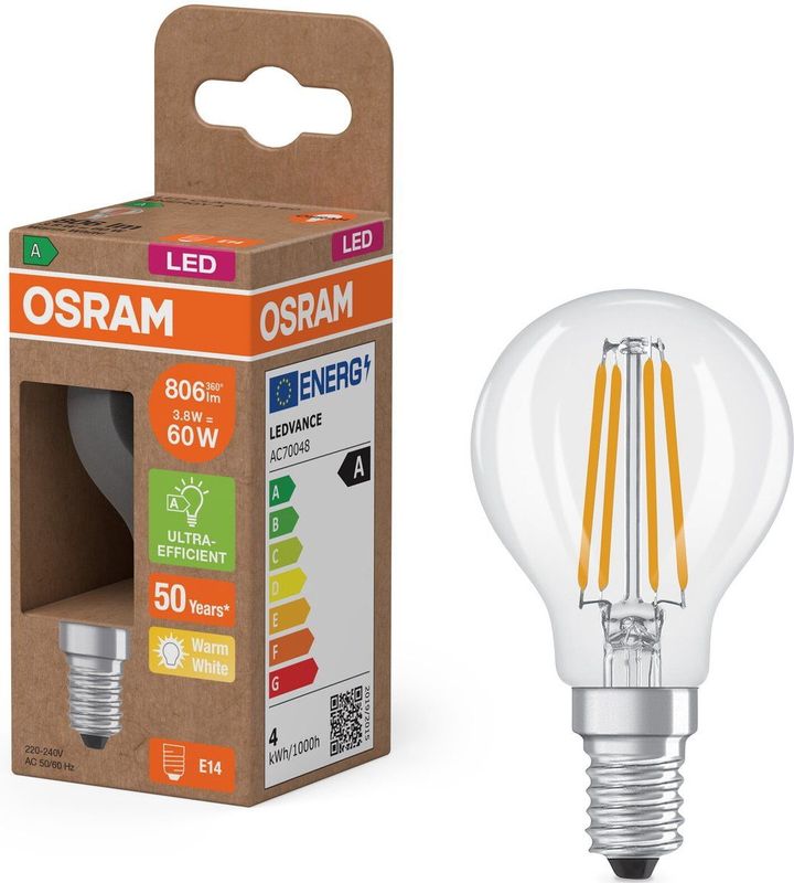 Osram - LED Lamp E14 - Kogel P45 - Helder - Filament - 2700K - 3.8W