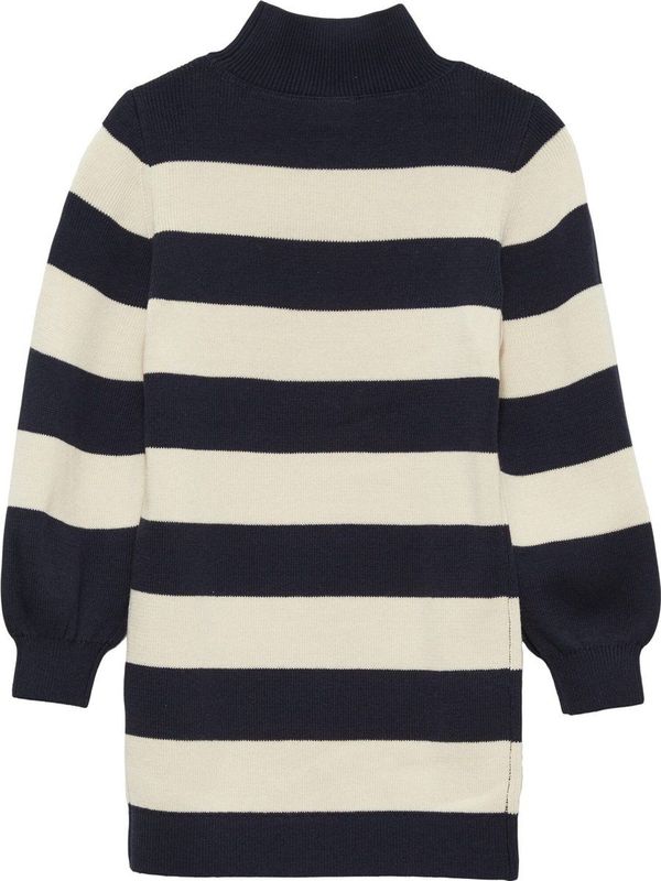 s.Oliver - Jurk - Lichtbeige/Navy - Knitwear - Opstaande Kraag, Gestreept, Lange Mouw