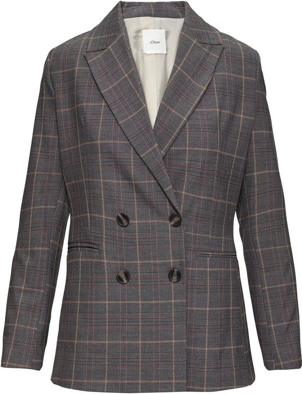 s.Oliver - BLACK LABEL - Blazer - Donkergrijs - Revers Kraag, Knoopsluiting, Geruit Motief