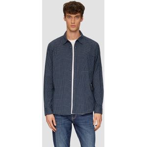 s.Oliver - Overhemd - Navy/Wit - Katoen - Borstzak, Knoopsluiting, Geruit, Kentkraag, Lange Mouw