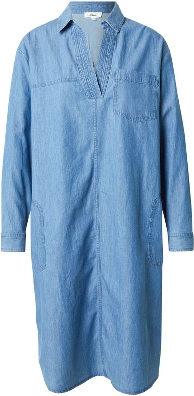 s.Oliver - Jurk - Blauw - Denim - Polokraag, Lange Mouw, Zakken aan de Zijkant