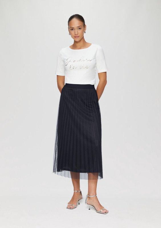 s.Oliver - BLACK LABEL - Plooirok - Navy - Gevoerde Zoom, Elastische Taille, Tule