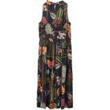 s.Oliver - Jurk - Donkerblauw/Groen/Oranje - 100% Viscose - Mouwloos, V-hals, Knoopsluiting, Plooien