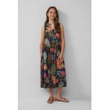 s.Oliver - Jurk - Donkerblauw/Groen/Oranje - 100% Viscose - Mouwloos, V-hals, Knoopsluiting, Plooien