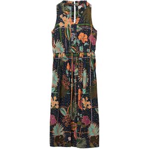 s.Oliver - Jurk - Donkerblauw/Groen/Oranje - 100% Viscose - Mouwloos, V-hals, Knoopsluiting, Plooien