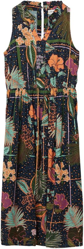 s.Oliver - Jurk - Donkerblauw/Groen/Oranje - 100% Viscose - Mouwloos, V-hals, Knoopsluiting, Plooien