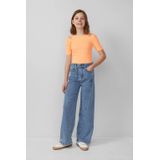 T-shirt - Cropped - Geribde Katoenmix - Korte Mouwen - Ronde Hals