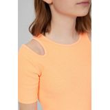 T-shirt - Cropped - Geribde Katoenmix - Korte Mouwen - Ronde Hals