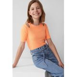 T-shirt - Cropped - Geribde Katoenmix - Korte Mouwen - Ronde Hals