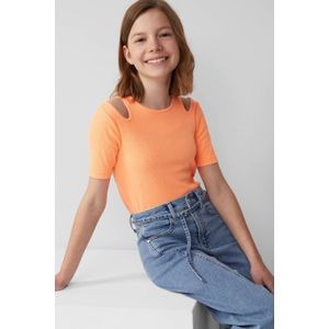 T-shirt - Cropped - Geribde Katoenmix - Korte Mouwen - Ronde Hals