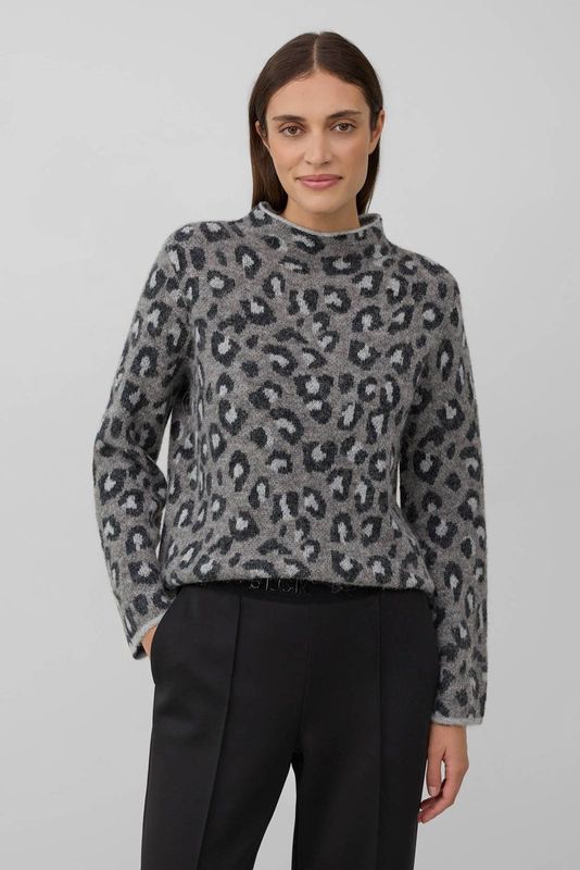 s.Oliver BLACK LABEL - Gebreide Trui - Antraciet - Met Wol - Panterprint