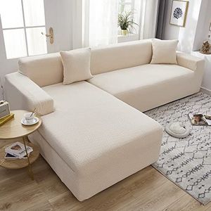 Hoekbank hoes, stretch universele jacquard fluwelen bank hoezen l vorm, zachte en comfortabele stoffen woonkamer bank hoezen, geschikt voor de meeste banken,Off-white,4 seater 235-300cm