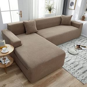 Hoekbank hoes, stretch universele jacquard fluwelen bank hoezen l vorm, zachte en comfortabele stoffen woonkamer bank hoezen, geschikt voor de meeste banken,Light brown,4 seater 235-300cm