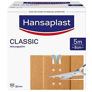 Hansaplast Classic pleister (5 m x 8 cm), op maat te snijden wondpleisters met extra sterke kleefkracht, flexibel en ademend verbandmateriaal